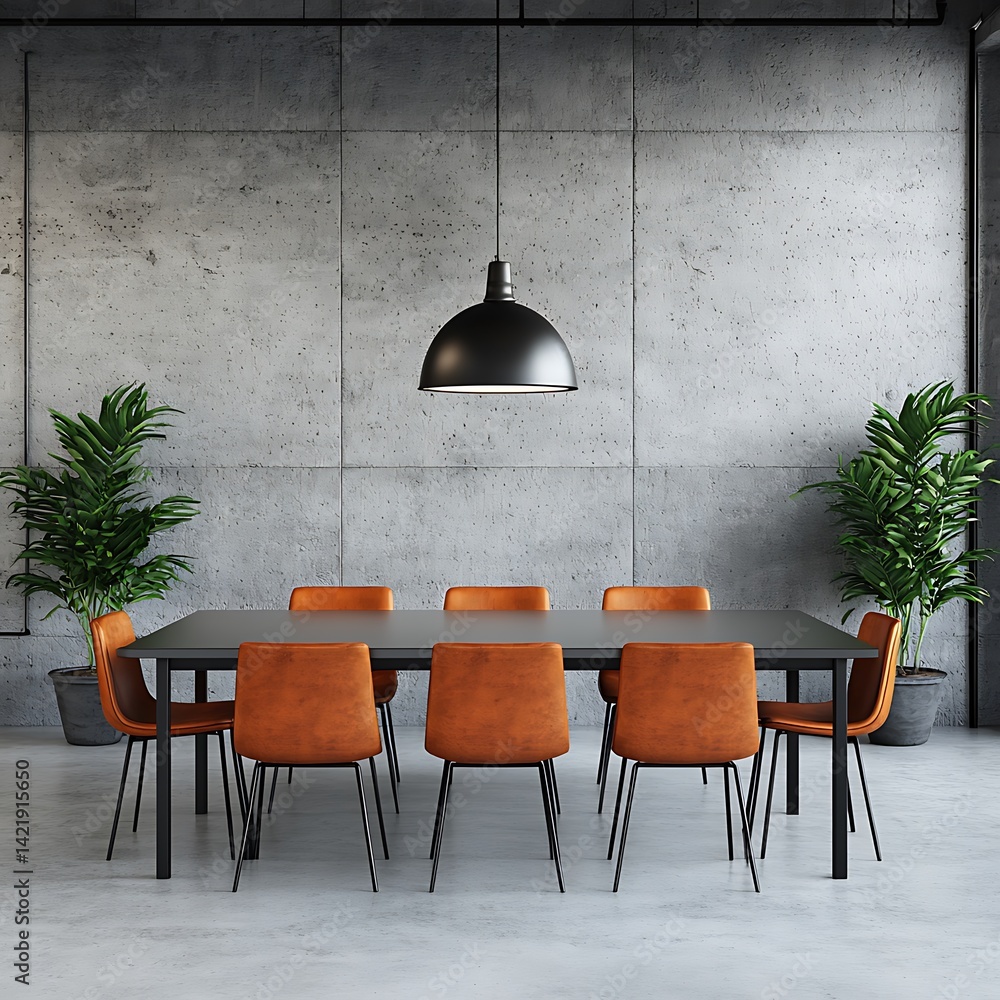Modern Dining Space with Concrete Wall, Orange Chairs, Dark Table, and Green Plants for Interior Decor Inspiration.
