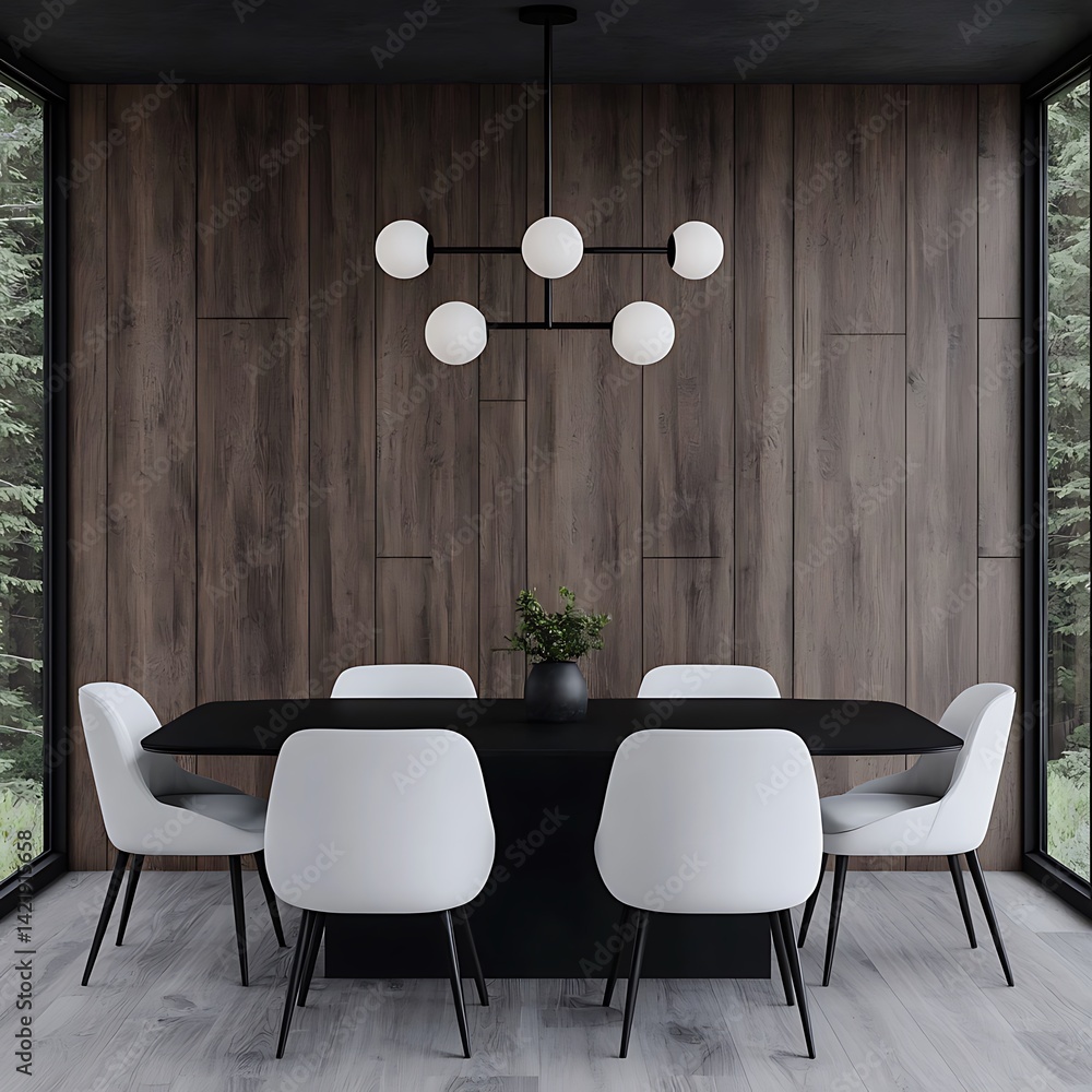 Modern Dining Space with Dark Wood Accent Wall, Minimalist Furniture and Natural Light from Windows, Tranquil Ambiance.