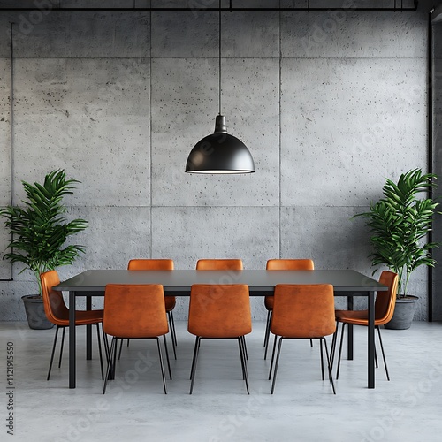 Obraz na płótnie Modern Dining Space with Concrete Wall, Orange Chairs, Dark Table, and Green Plants for Interior Decor Inspiration. w salonie