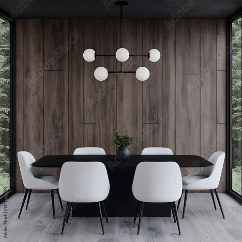 Obraz na płótnie Modern Dining Space with Dark Wood Accent Wall, Minimalist Furniture and Natural Light from Windows, Tranquil Ambiance. w salonie