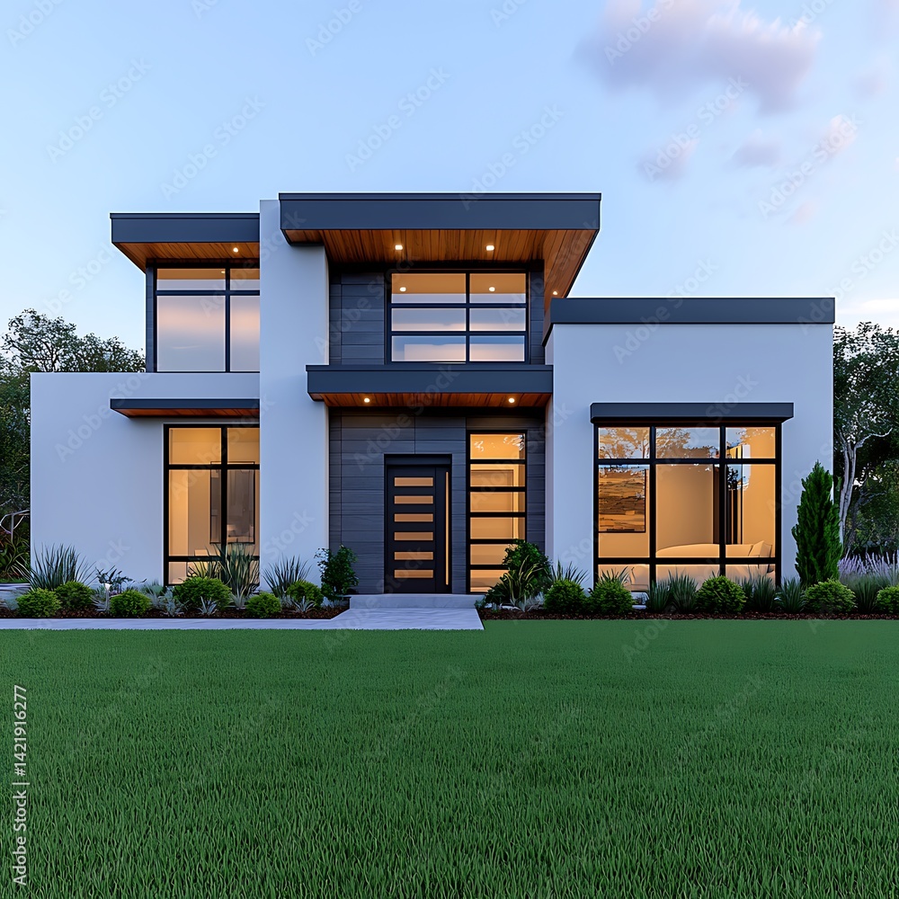 Modern Exterior Home Architecture: Residential Design with Landscaping, Contemporary Facade, Large Windows, Lawn, and Evening Sky