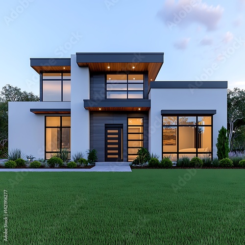 Obraz na płótnie Modern Exterior Home Architecture: Residential Design with Landscaping, Contemporary Facade, Large Windows, Lawn, and Evening Sky w salonie