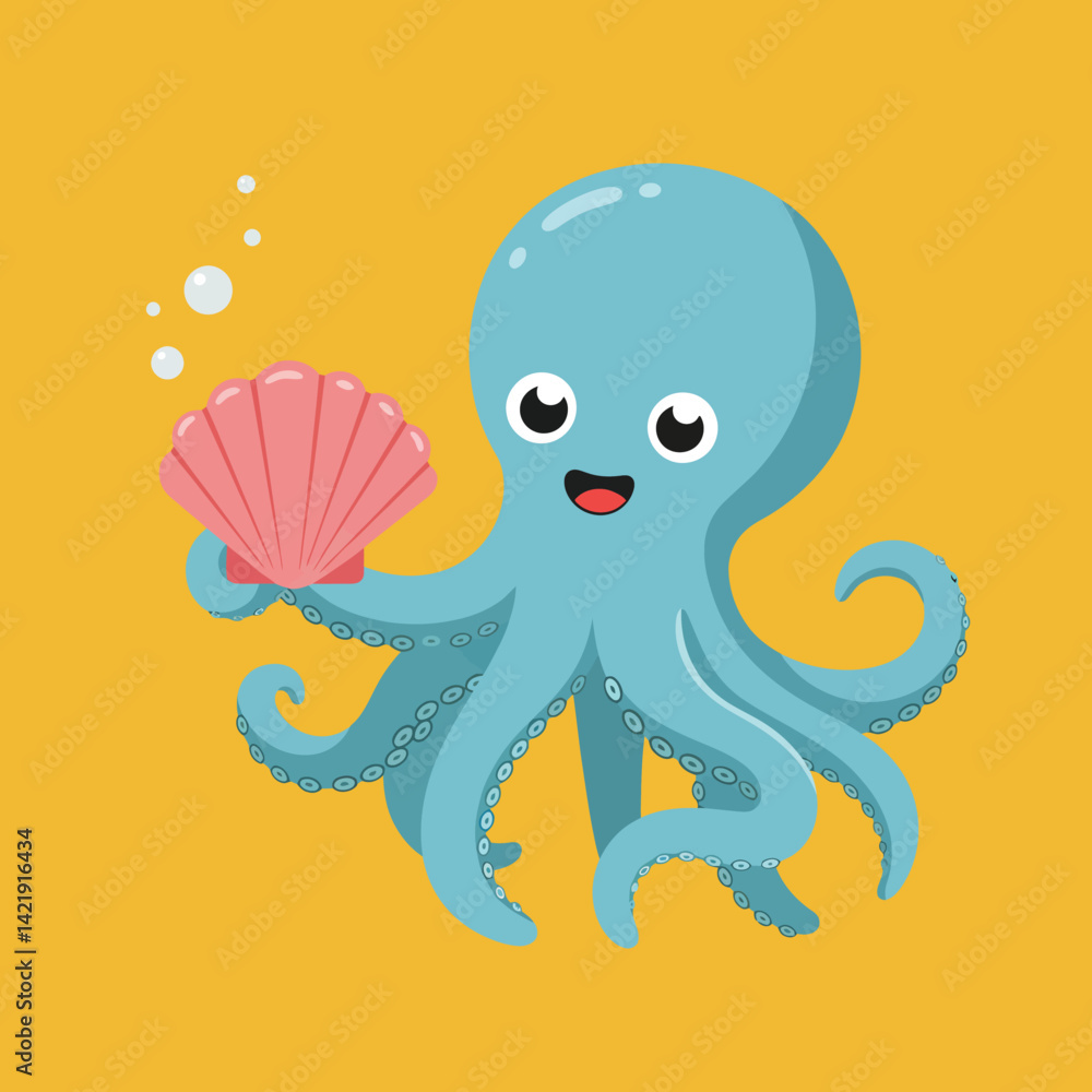 Obraz premium Cute blue octopus holding pink seashell vector illustration with yellow background and bubbles underwater scene 