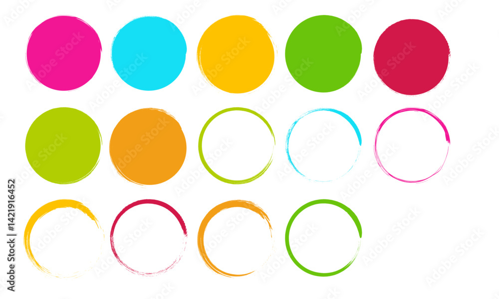 Grunge-style colorful circle elements with brush texture for abstract design use. grunge circles in bright pop colors, perfect for social media and web design. Grunge-style colorful circle elements with brush texture for abstract design use. grunge circles in bright pop colors, perfect for social media and web design.