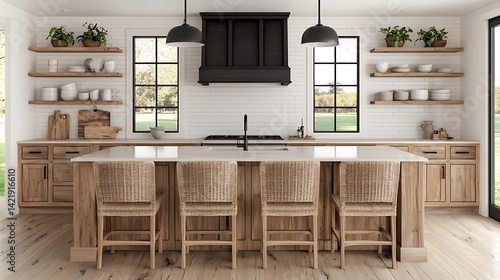 Modern Farmhouse Kitchen Design Featuring Wood Cabinets, Open Shelving, Island Seating, White Subway Tile, and Contemporary Lighting Fixtures.