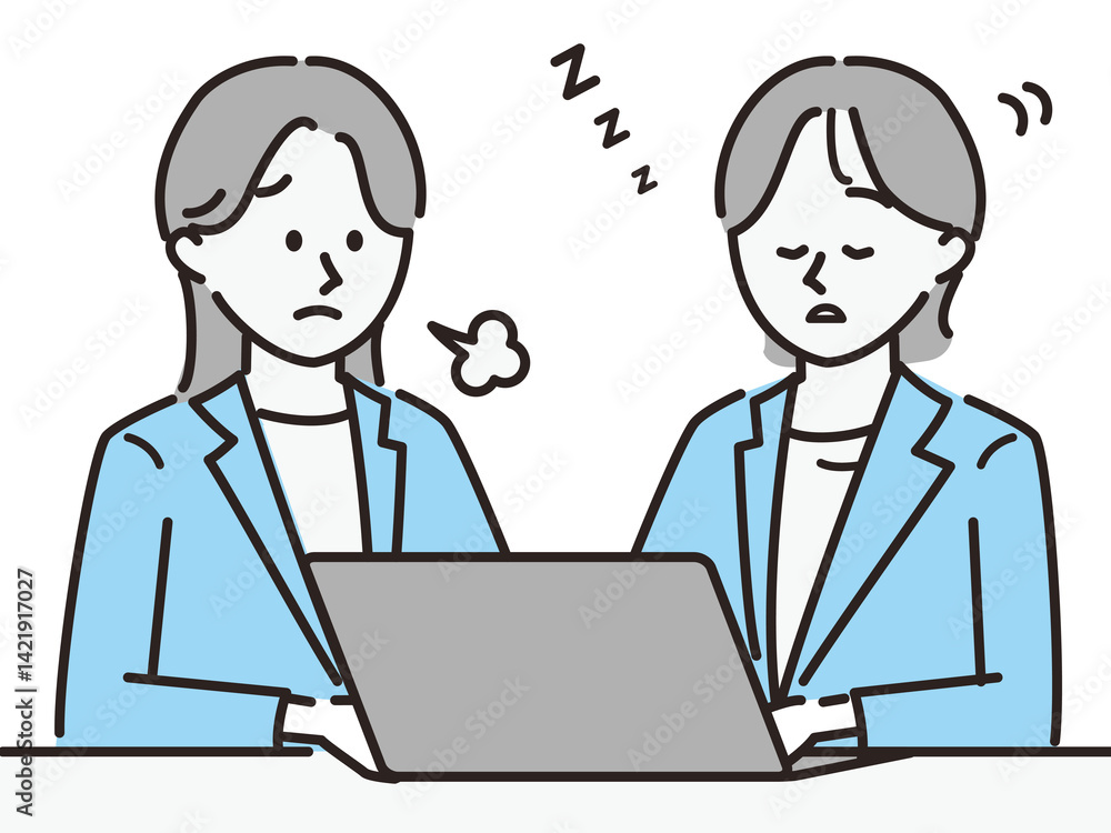 パソコンを使用している女性_居眠り パソコンを使用している女性_居眠り