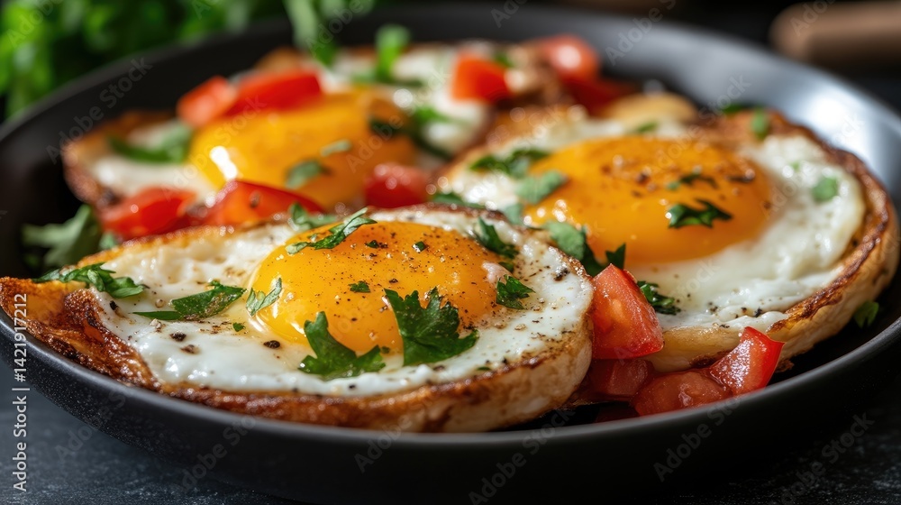 Breakfast of Fried Eggs with Tomatoes and Herbs Breakfast of Fried Eggs with Tomatoes and Herbs