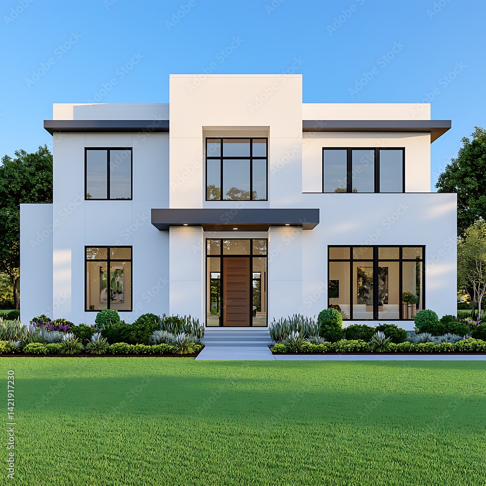 Modern Home Design with Clean White Facade, Large Windows, Green Lawn, and Garden Landscaping Architecture.