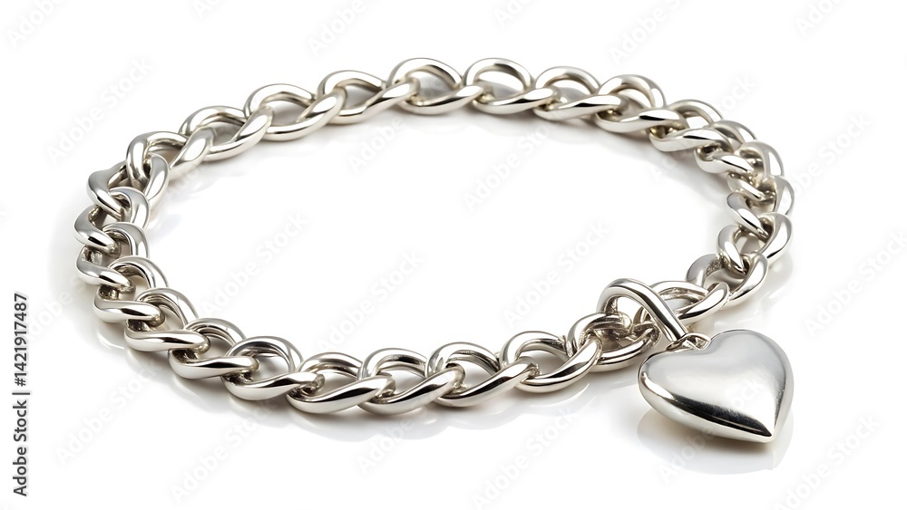 Silver chain bracelet with a heart charm isolated on white background Silver chain bracelet with a heart charm isolated on white background
