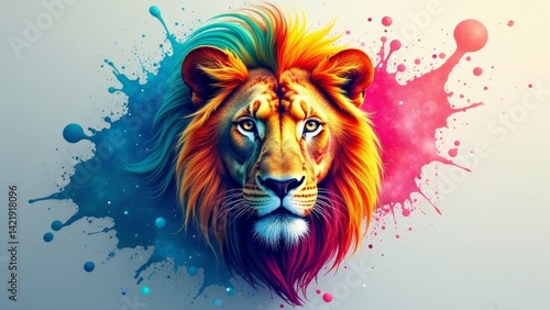 Majestic Lion with Vibrant, Multicolored Mane Amidst a Burst of Paint Splatter