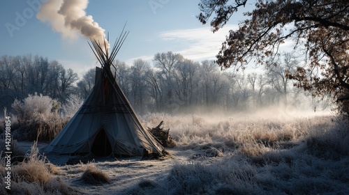 Frost-covered tipi morning landscape realistic photography nature eye-level view winter serenity