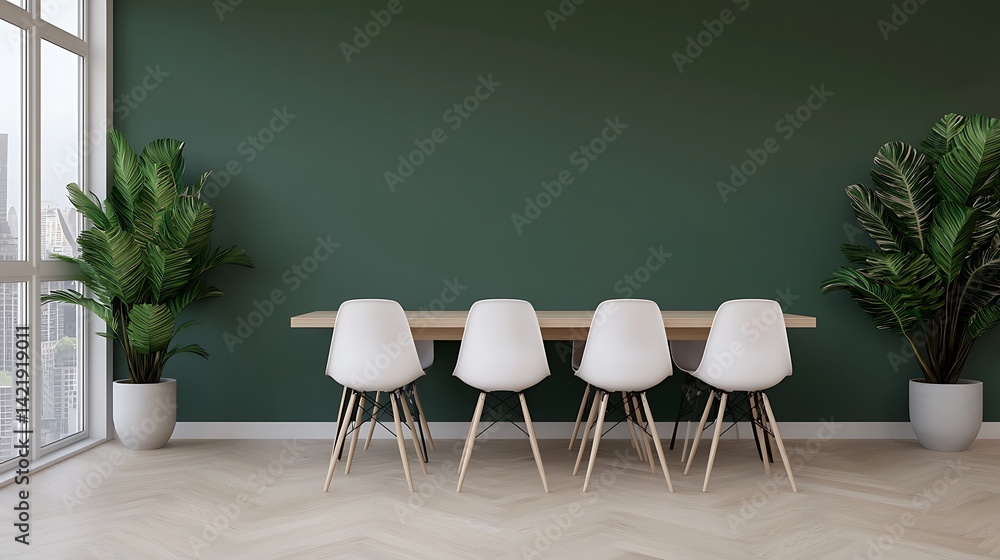 Modern interior design featuring a meeting room with elegant chairs, a wooden table, and lush plants near the window.