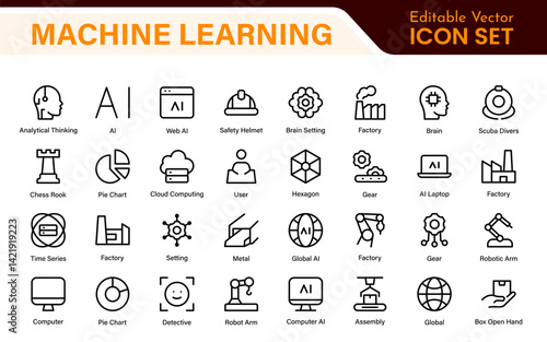 Artificial Intelligence Machine Learning Icons - AI, Neural Network, Deep Learning, Data Science, Algorithm - Vector, Outline, Line, Illustration, Minimal