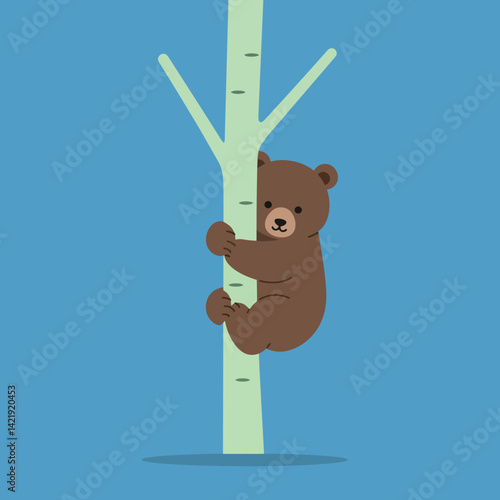 Brown bear climbing light green tree trunk with branches on blue background in simple vector art style 