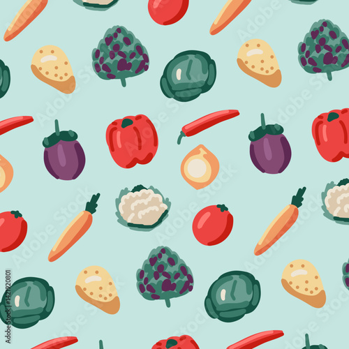 Seamless Illustrated Vegetables. Seamless Pattern on Pastel Background. 