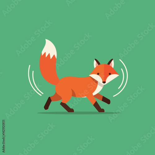 Red fox cartoon illustration on green background with playful motion lines and bushy tail natural wildlife animal drawing 