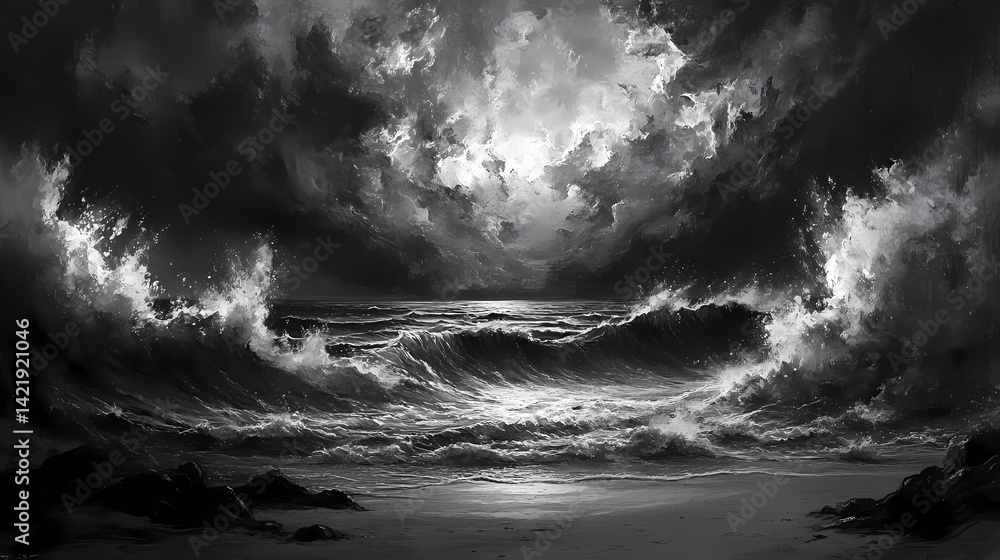 monochromatic dramatic seascape waves