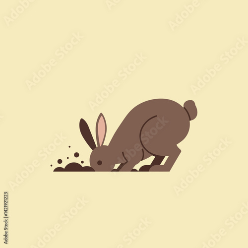 Brown rabbit digging a hole in soft soil with beige background simple illustration in square format 