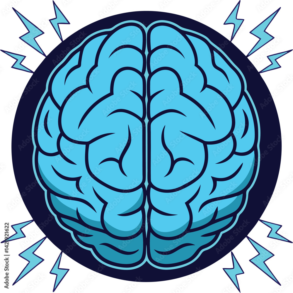 Fototapeta premium A high resolution vector illustration of a human brain, rendered in a vibrant blue with glowing highlights emphasizing its intricate folds and structure