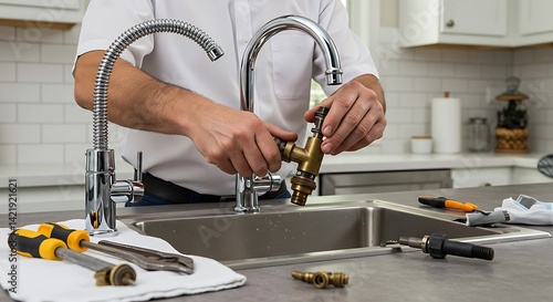 Kitchen Faucet Repair: Plumber Installing New Fixture