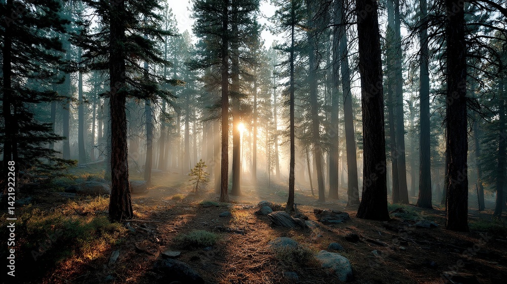 Obraz premium Sunrise awakening forest realistic photography natural environment foreground view serene beauty