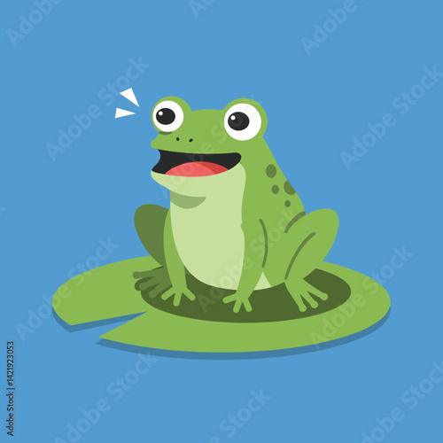 Green frog sitting on lily pad with blue background cartoon illustration cheerful amphibian character 