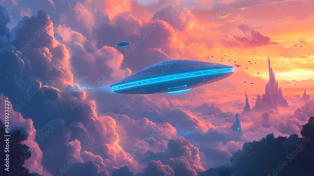 Futuristic ufo hovering above clouds. Ether Drift. Illustration Futuristic ufo hovering above clouds. Ether Drift. Illustration