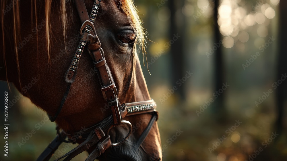 Obraz premium Majestic horse portrait serene forest photograph natural light close-up beaded bridle