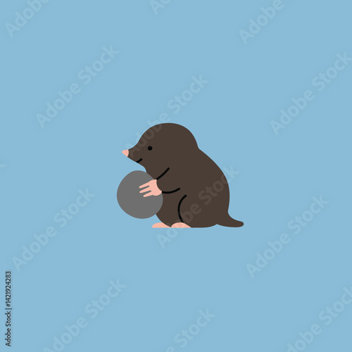 Small brown mole holding round gray rock on plain blue background simple vector illustration 