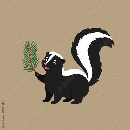 Cute black and white skunk holding green pine branch on beige background cartoon illustration 