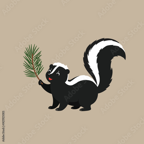 Cartoon skunk holding green pine branch on beige background with happy expression and bushy tail