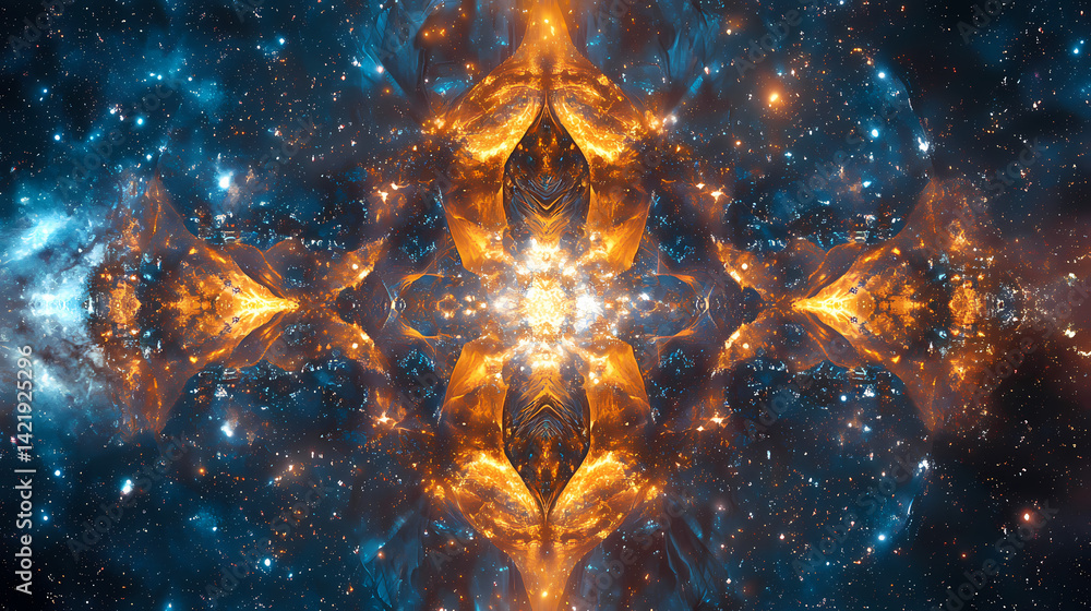 A captivating display of stars weaves intricate fractal designs against the backdrop of an infinite universe. Dark Matter Weave. Illustration