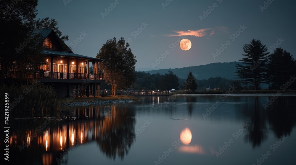 Obraz premium Full moon rising over summer lake nature scene atmospheric view tranquil setting