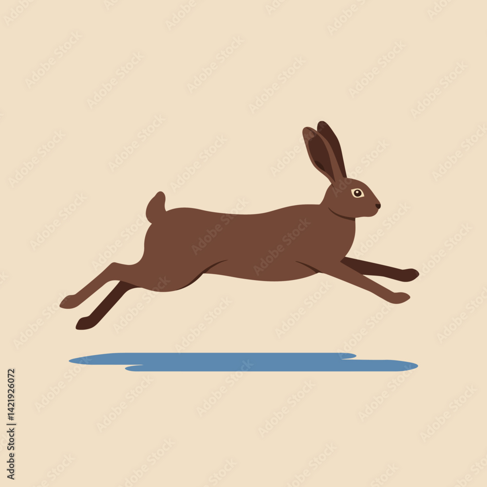 Obraz premium Brown rabbit leaping over blue shadow on beige background in simple minimalist style digital illustration