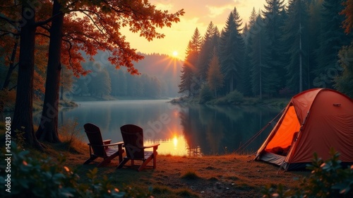 Wallpaper Mural Serene autumn sunrise at lakeside campsite with two Adirondack chairs and a tent Torontodigital.ca