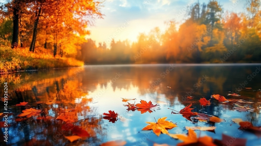 Reflection of autumn trees in a tranquil forest lake, leaves floating on the surface, rich colors
