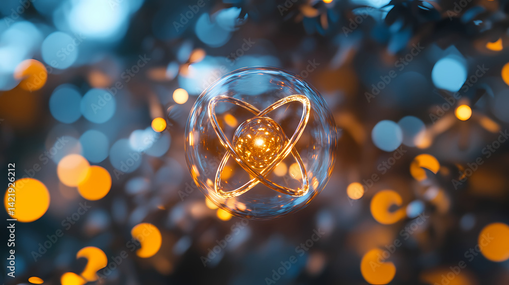 Breathtaking crystalized atom sphere art concept set against a beautiful bokeh background. Crystallized Threads. Illustration