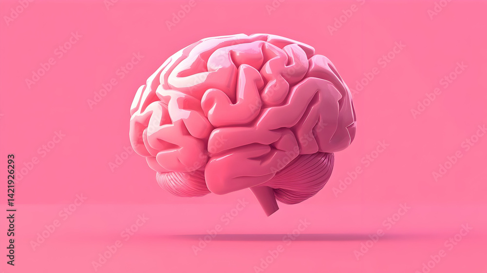 Pink Voxel Brain 3D Render on Pink Background Pink Voxel Brain 3D Render on Pink Background