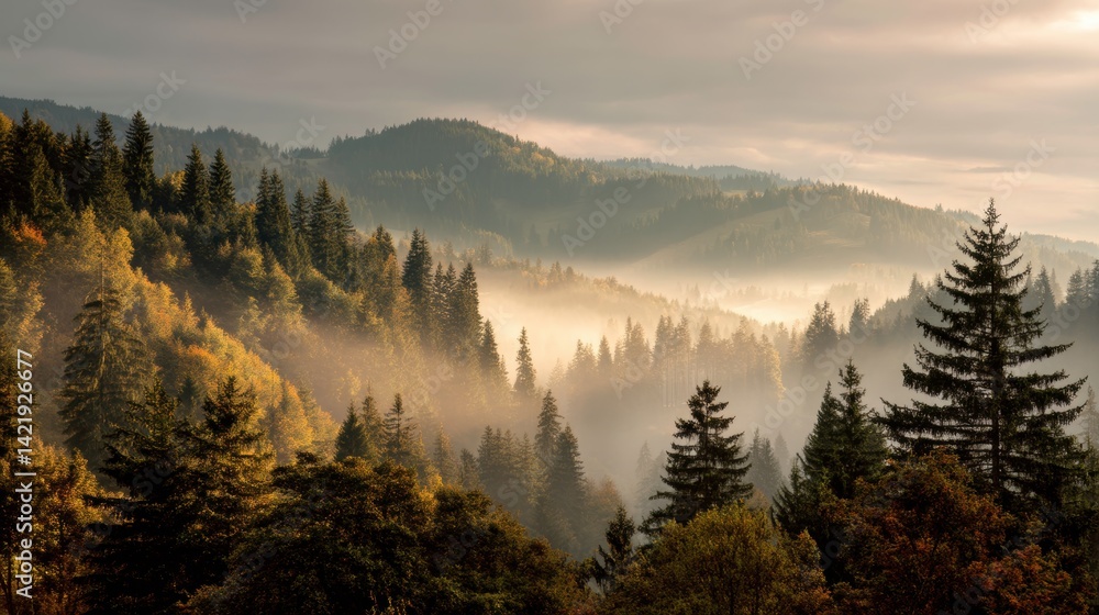 Tranquil mountain landscape with soft morning mist, golden sunlight brushing the treetops, peaceful atmosphere