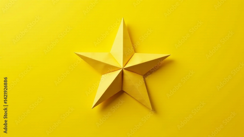 Obraz premium A radiant yellow paper star, meticulously folded, rests on a vibrant yellow backdrop, symbolizing achievement, aspiration, and the pursuit of excellence.