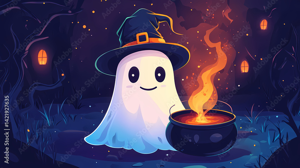 A cheerful ghost wearing a witch hat beside a bubbling cauldron, perfect for halloween decorations and festive themes. Phantom Foam. Illustration