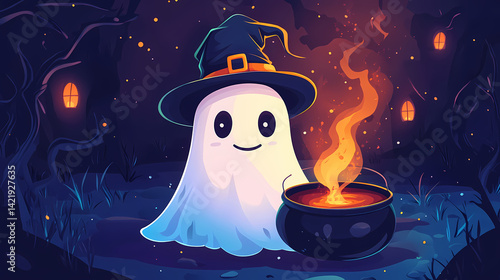 Obraz na płótnie A cheerful ghost wearing a witch hat beside a bubbling cauldron, perfect for halloween decorations and festive themes. Phantom Foam. Illustration w salonie