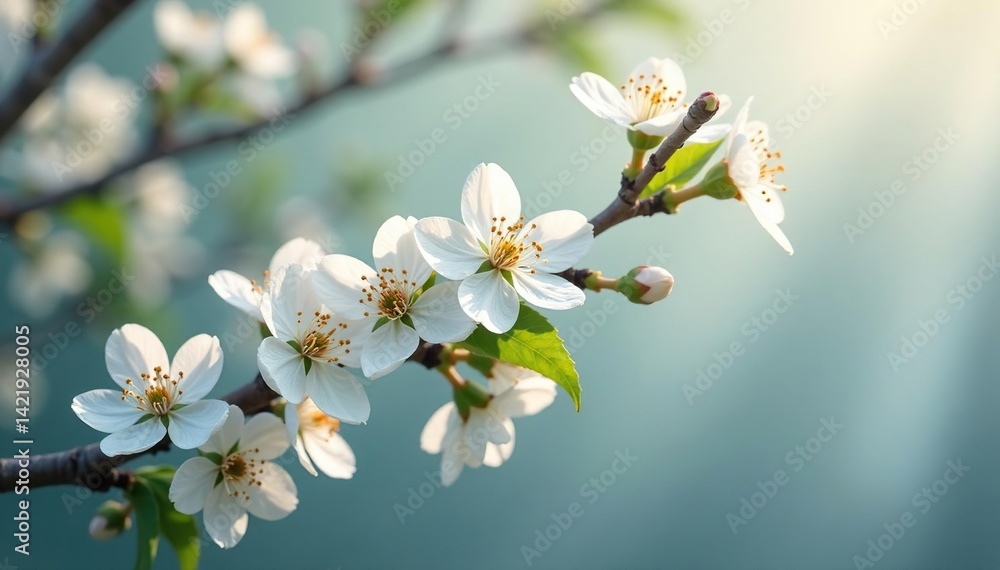 Fototapeta premium Delicate white blossoms on branch, soft light , fresh, peace, macro