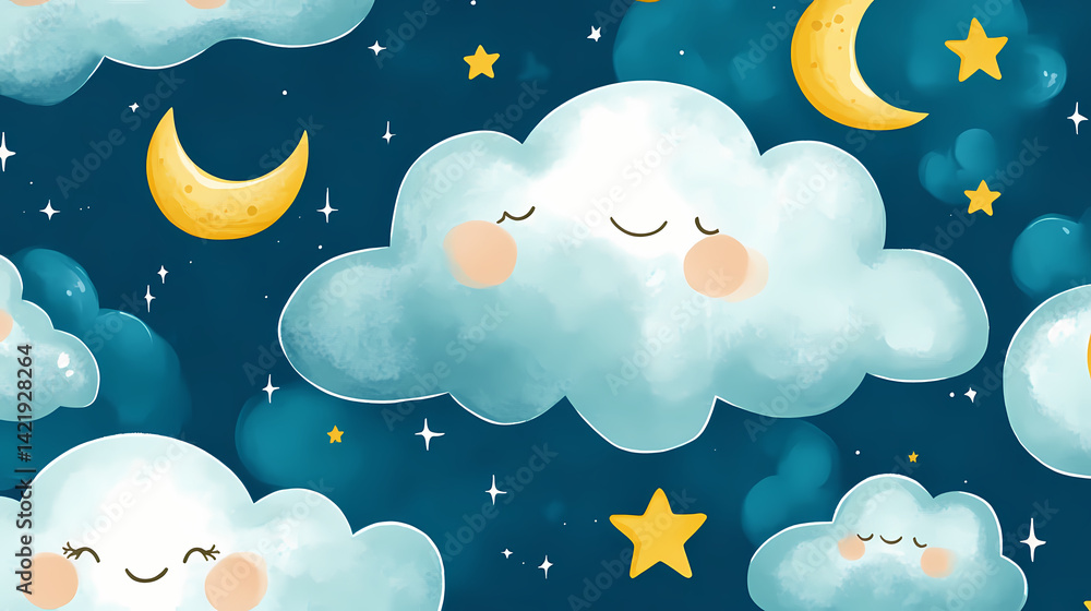 Night sky dreamland: a whimsical illustration of smiling clouds, moons, and stars, perfect for children's rooms or fabric prints. Dream-Laced Fabric. Illustration
