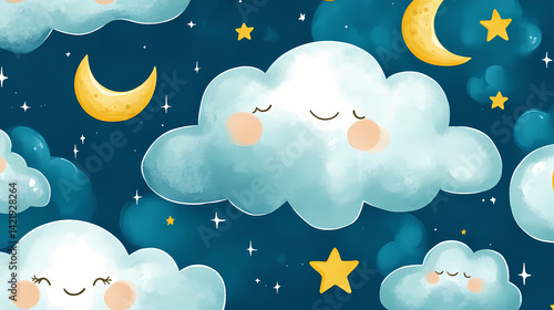 Obraz na płótnie Night sky dreamland: a whimsical illustration of smiling clouds, moons, and stars, perfect for children's rooms or fabric prints. Dream-Laced Fabric. Illustration w salonie