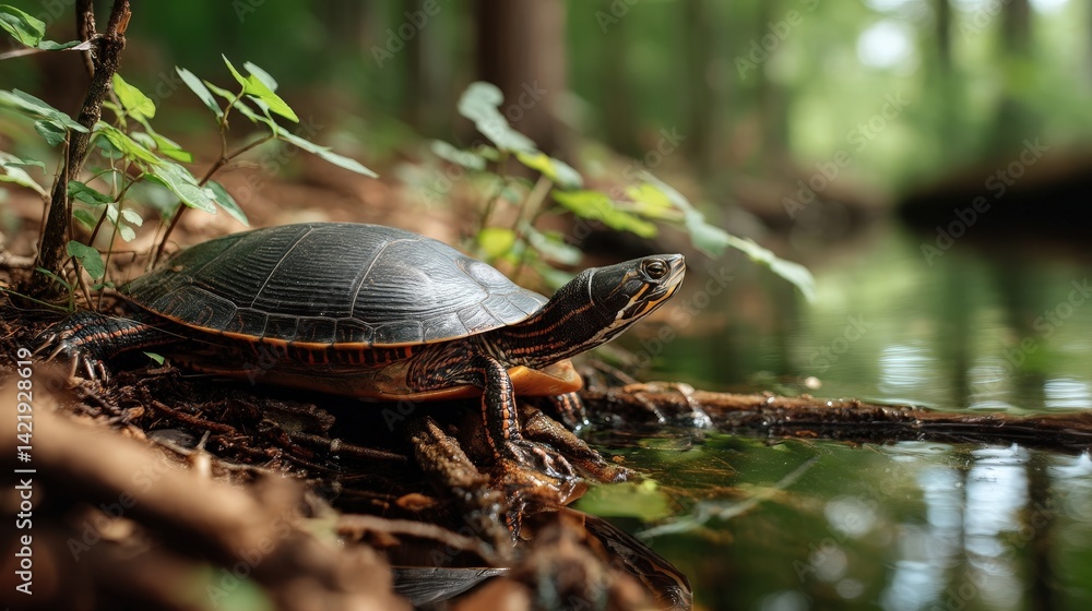 Obraz premium Resting turtle by the stream nature scene wildlife photography serene environment close-up perspective painted turtle relaxation