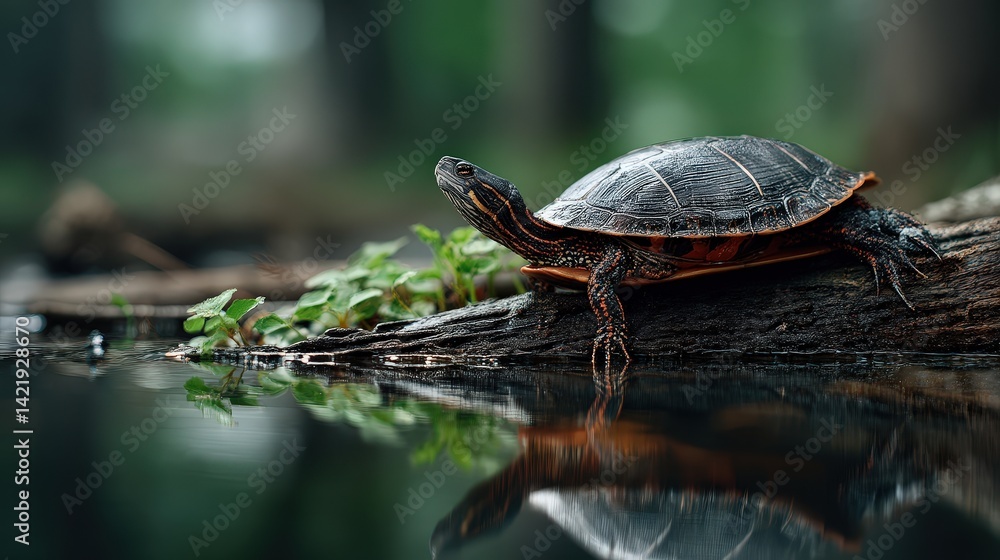Obraz premium Resting painted turtle natural habitat realistic photograph calm water eye-level view wildlife observation
