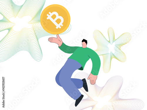 Cryptocurrency rate growth, gold coin bitcoin in hands, wealth, profitable investment. Mining, electronic money, blockchain transactions