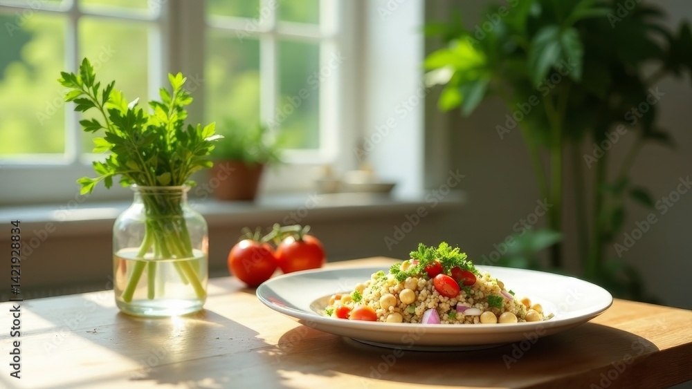 Sunlit Kitchen Table with Vibrant and Healthy Grain Salad Featuring Fresh Herbs and Tomatoes Sunlit Kitchen Table with Vibrant and Healthy Grain Salad Featuring Fresh Herbs and Tomatoes