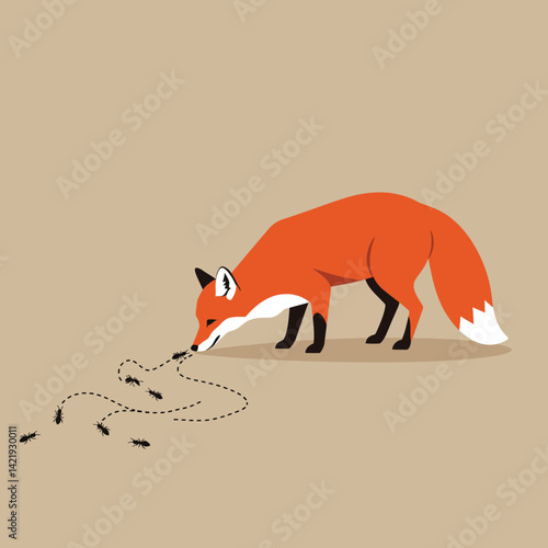Red fox sniffing ants on beige background minimalistic animal illustration nature wildlife art 